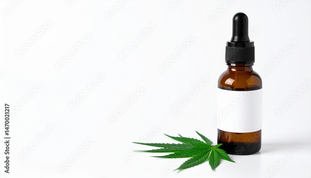 Fototapeta premium A small amber glass bottle of CBD oil sits on a wooden surface, adorned with a green cannabis leaf beside it, highlighting its natural origins.