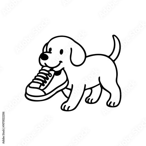 A dog trotting with a shoe in its mouth, tail wagging and eyes full of mischief, outlined in playful, clean lines.