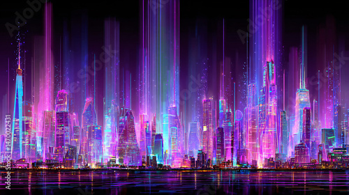Neon Futuristic City Skyline with Glowing Pink and Blue Light Trails