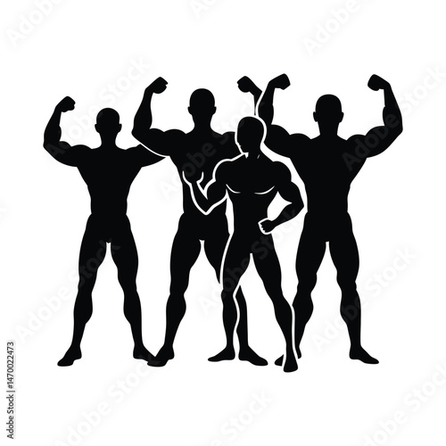 Bodybuilder Silhouette Group Flexing Muscular Physique Vector