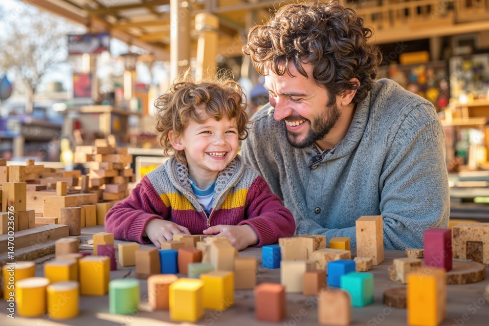 Father and son bonding over wooden blocks in outdoor workshop Father and son bonding over wooden blocks in outdoor workshop