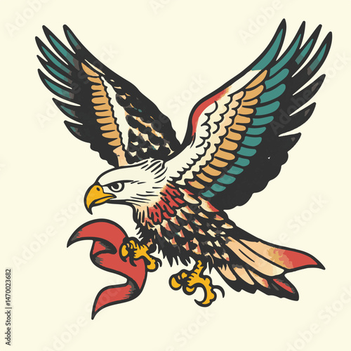 Traditional Tattoo Style Eagle With Banner In Flight Vector Graphic Illustration
