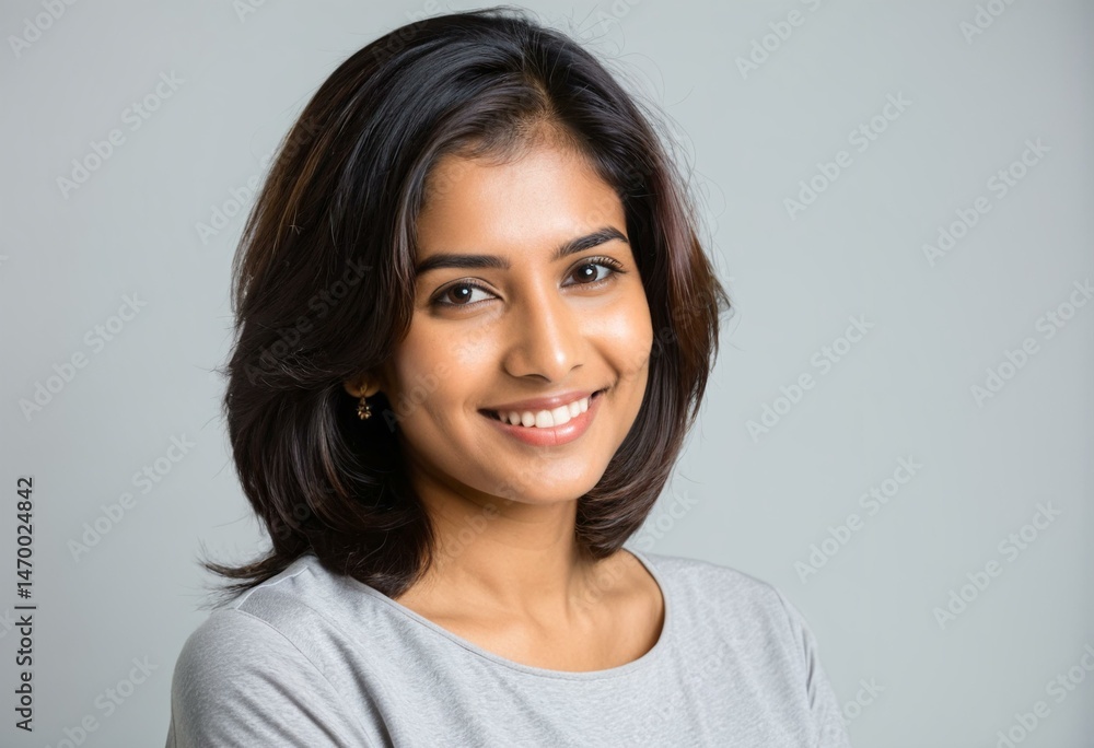 A smiling woman in a gray shirt. A smiling woman in a gray shirt.