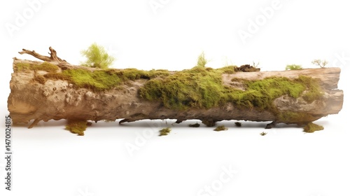 Old log surface, deep cracks and moss details, with white background