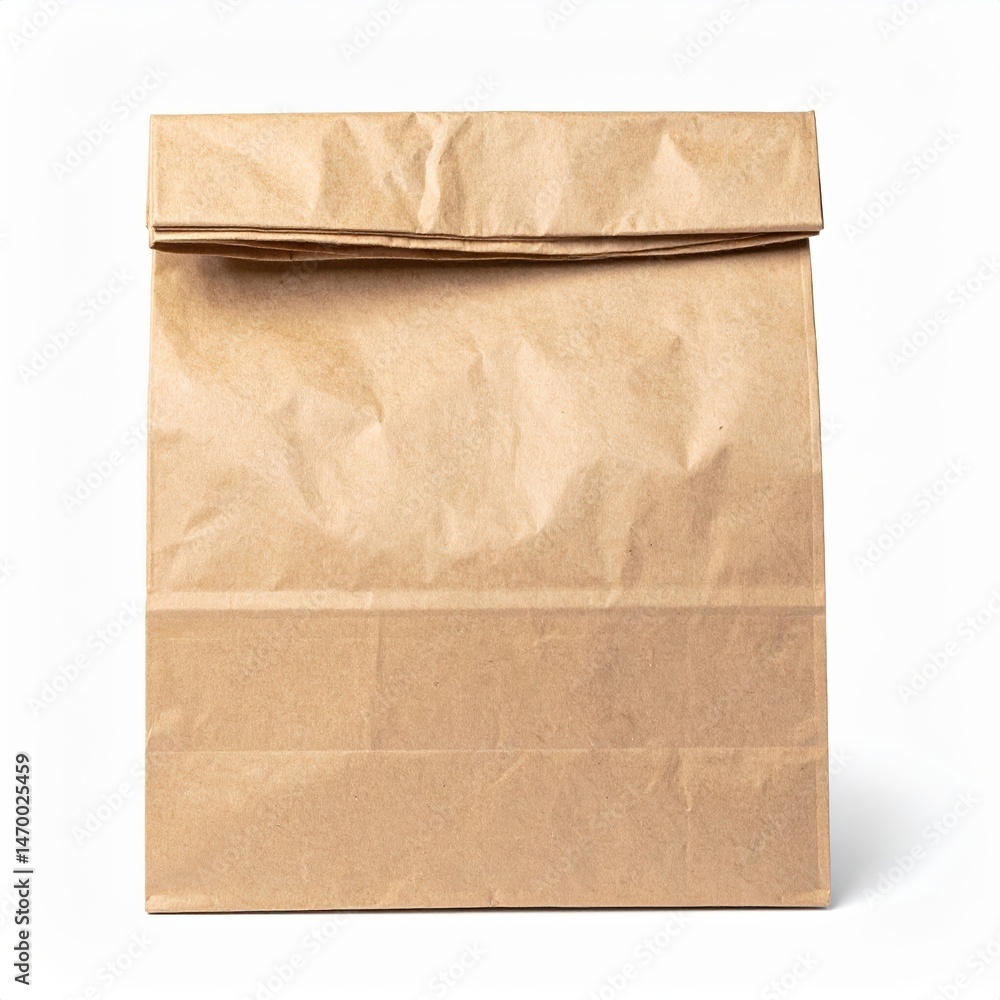 A simple, crumpled brown paper bag rests on a clean white background, showcasing its textured surface and natural earthy tones, perfect for eco-friendly themes. A simple, crumpled brown paper bag rests on a clean white background, showcasing its textured surface and natural earthy tones, perfect for eco-friendly themes.