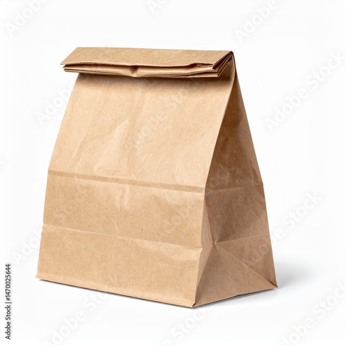 A crumpled brown paper bag sits on a clean white background, showcasing its textured surface and natural fibers, evoking a rustic, eco-friendly vibe.