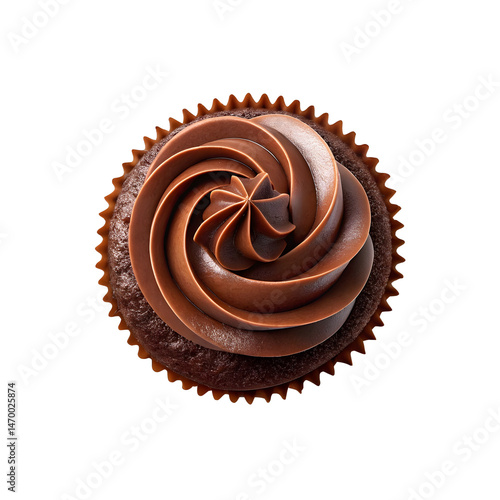 Delicious overhead view of a single chocolate cupcake with swirled chocolate frosting