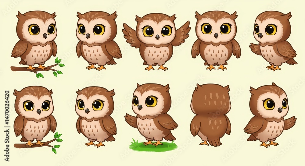 Obraz premium Adorable Cartoon Owl Poses for Kids - Cute owl illustrations, perfect for children's books, educational resources, and designs. Symbolizes wisdom, learning, nature, cuteness, and friendship