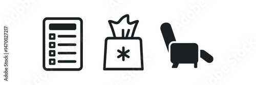 Checklist icon, tissue box icon, armchair icon - minimalistic symbol set