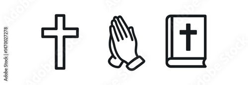 Cross, praying hands, and bible book icons - christian symbols set
