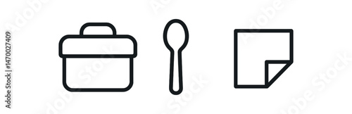 Lunchbox, spoon, napkin icons - minimalistic black line symbols
