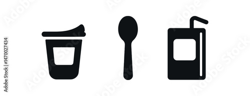 Black icons of yogurt cup, spoon, and juice box on white background