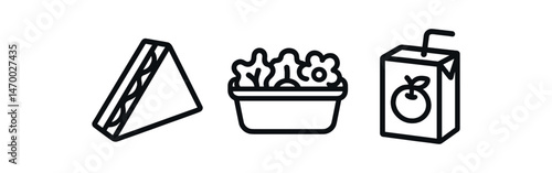 Line art lunch icons: sandwich, salad, juice box