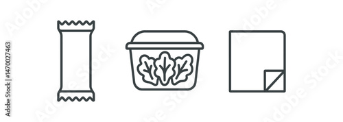 Snack bar, salad container, and folded napkin line art icons