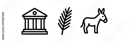 Political symbols: government building, olive branch, donkey icon set