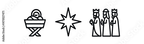 Nativity icon with baby jesus, star, and three wise men