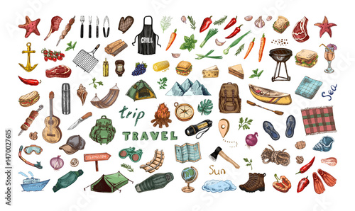 Hand drawn vintage colored sketch set of picnic, camping, hiking, mountain trekking and travel elements in retro engraved style