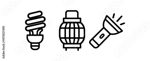 Icon set of compact fluorescent bulb, table lamp, electric flashlight