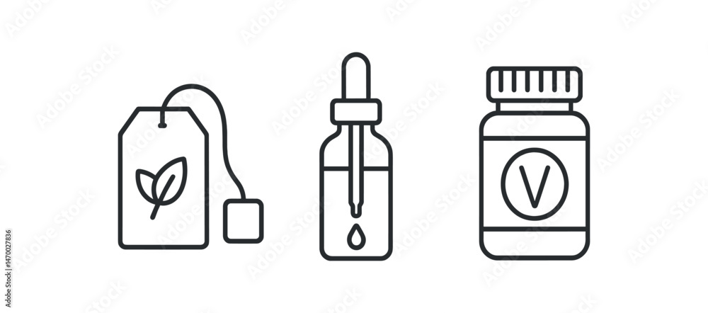 Fototapeta premium Herbal products icons: tea bag, dropper bottle, vitamin jar