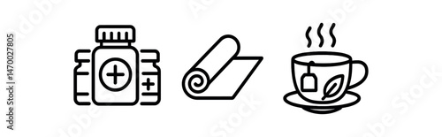Health icons: medicine bottle, yoga mat, herbal tea cup illustration