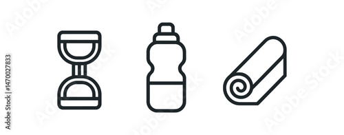 Minimalist icons of hourglass, water bottle, and yoga mat