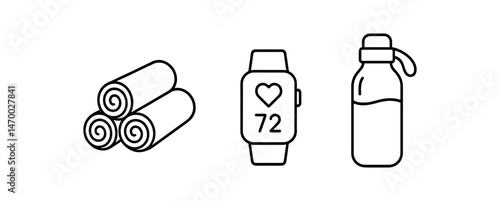 Fitness essentials: rolled towels, smartwatch with heart monitor, and water bottle icons
