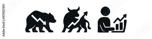 Stock market symbols: bear, bull, analyst charting trends