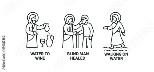 Line art illustrations of biblical miracles: water to wine, blind man healed, walking on water