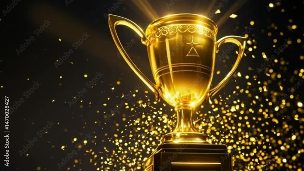 Golden Trophy Celebration Confetti Glow Dark Background Shimmer Sparkle Award Victory Elegant Success Festive Lighting Triumph Shine 3D Animation Visuals 4K HD video Download Golden Trophy Celebration Confetti Glow Dark Background Shimmer Sparkle Award Victory Elegant Success Festive Lighting Triumph Shine 3D Animation Visuals 4K HD video Download