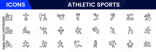 Athletic Sports Icons vector illustration with thin line editable stroke contain medal, football, basketball, cycling, athlete, racket, table tennis, sparing, cardio, gym, weight training, golf 