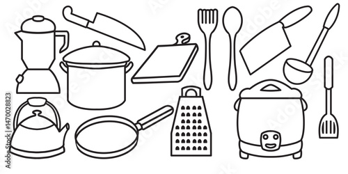 simple kitchen set icon collection. minimalist outline vector format. logos, stickers, merchandise, and user interface elements