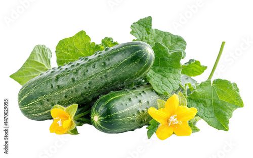 Fresh green cucumber with leaf and flower on white background.png