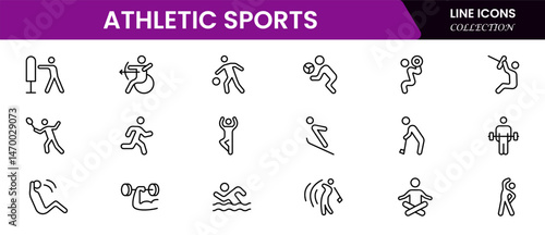 Athletic Sports Icons vector illustration with thin line editable stroke contain medal, football, basketball, cycling, athlete, racket, table tennis, sparing, cardio, gym, weight training, golf 