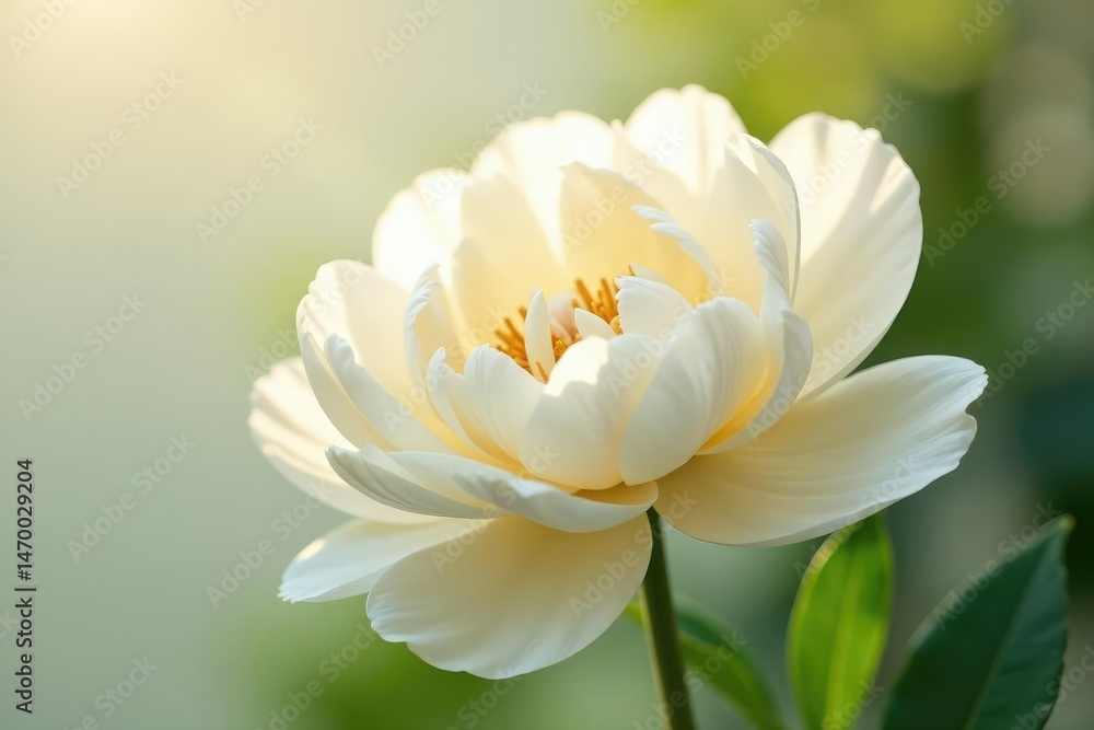 Fototapeta premium Creamy white peony petals, gentle curve, sunlight gleam, macro, floral background