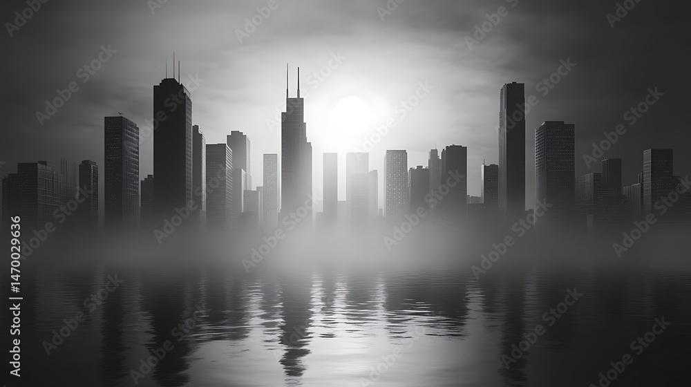 Obraz premium Cityscape silhouette water reflection dusk twilight