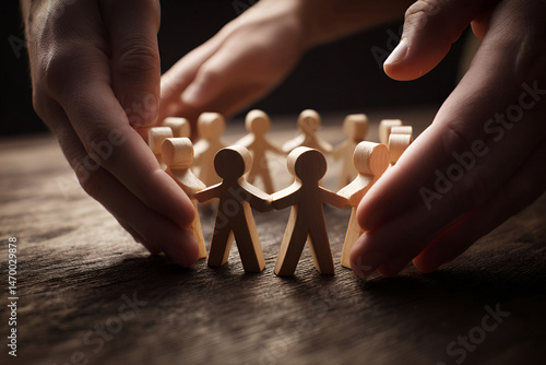 Hands protect wooden figures in a circle, concept of unity and support