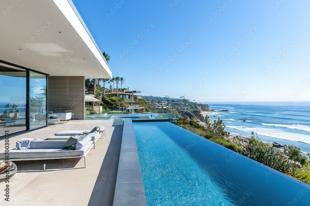 Obraz premium Modern Oceanfront Home with Infinity Pool - Space for Text