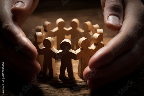 Hands safeguarding circle of wooden figures symbolizing unity and protection