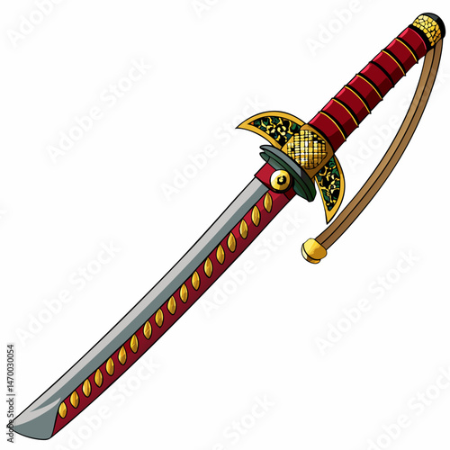 A detailed vector illustration of a traditional Japanese katana with ornate handle, isolated on white