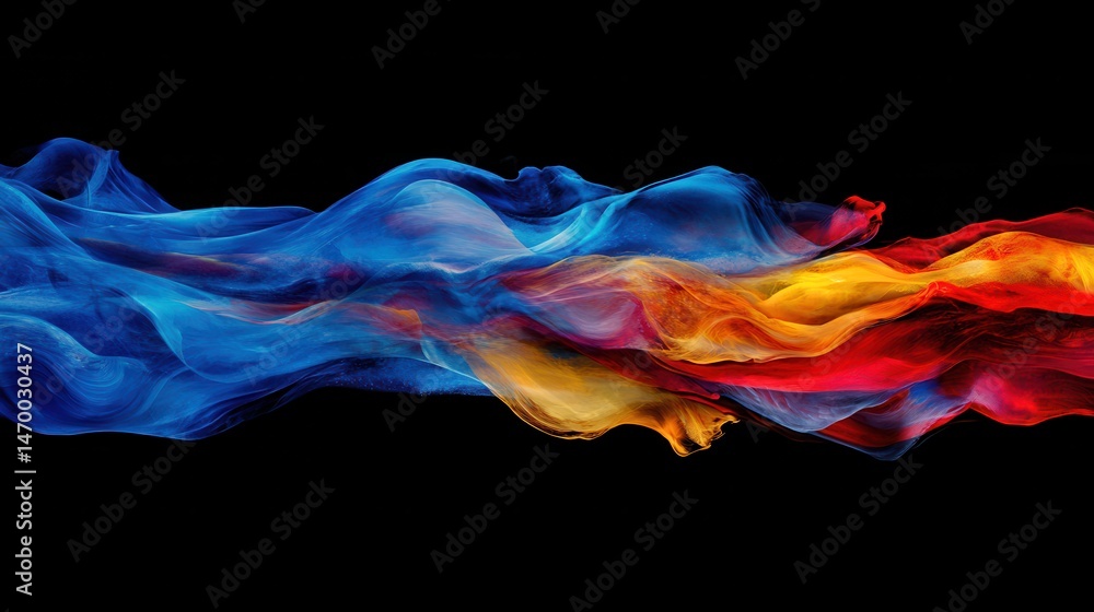 Obraz premium Abstract colorful fluid wave with vibrant blue, red, and yellow hues on dark background Concept of modern art, energy, and dynamic movement.