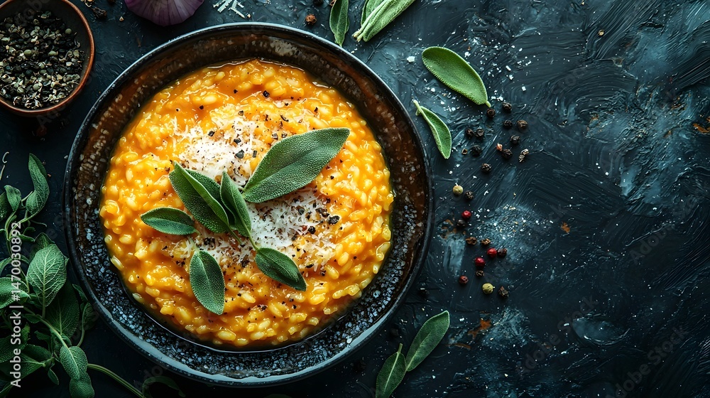 A rich and creamy pumpkin risotto with crispy sage leaves and grated parmesan