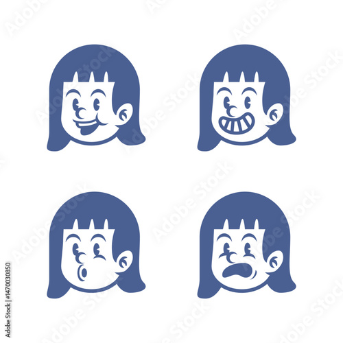 Cartoon vector of girl with straight hair showing four emotions: happy, angry, winking, and serious. Perfect for emoji, avatar icons, children designs, or emotional character illustrations