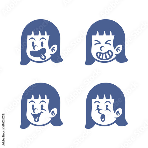 Cartoon vector of girl with straight hair showing four emotions: happy, angry, winking, and serious. Perfect for emoji, avatar icons, children designs, or emotional character illustrations