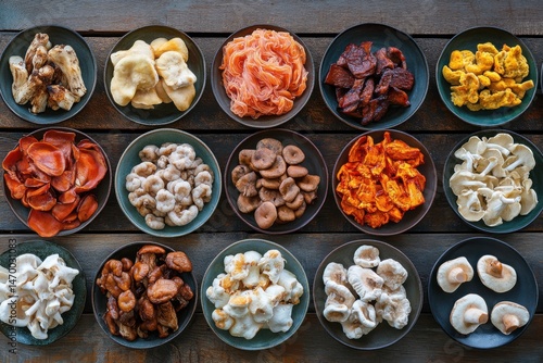 Medicinal Mushrooms on Wooden Table