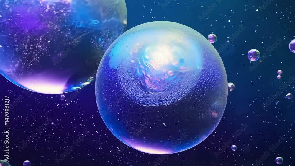 Translucent glowing bubble floating in space with stars and planets in background. Concept of fragile cosmic fantasy Translucent glowing bubble floating in space with stars and planets in background. Concept of fragile cosmic fantasy