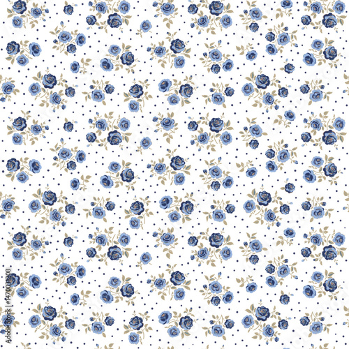 Seamless Pastel Blue Rose Floral Pattern with blue Leaves and Polka Dot Background