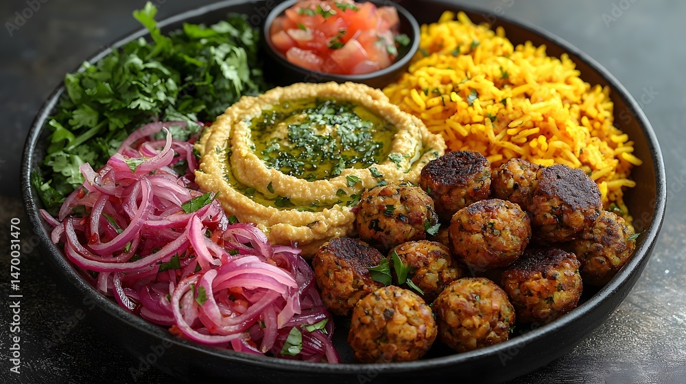 Vibrant Mediterranean Platter with Hummus Falafel and Turmeric Rice