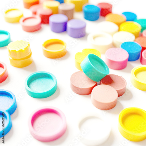 Scattered spectrum of colored rubber caps on white canvas, a bright image of different colored rubber caps scattered randomly on a white background