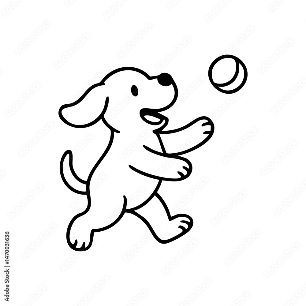 Obraz premium A dog mid-run with wide eyes and open mouth, eagerly chasing a flying ball, captured with energetic thin lines.