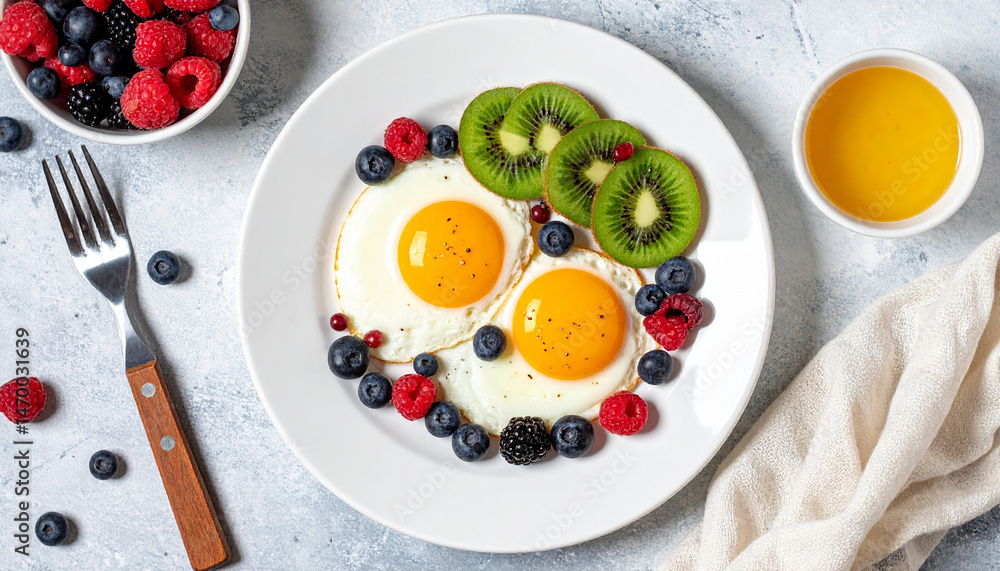 Vibrant flatlay of healthy breakfast featuring fried eggs, fresh kiwi, and variety of berries, creating colorful and appetizing meal. This delightful arrangement is perfect for nutritious start to Vibrant flatlay of healthy breakfast featuring fried eggs, fresh kiwi, and variety of berries, creating colorful and appetizing meal. This delightful arrangement is perfect for nutritious start to